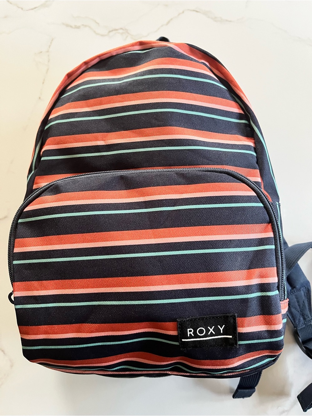 Roxy Navy Backpack with Coral and Mint Stripe Pattern